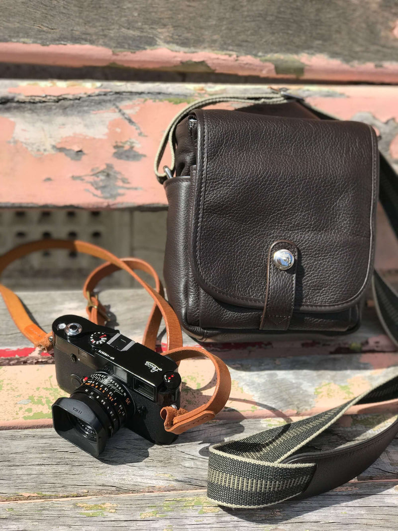The Snapshot Logo Strap French Grey Leather Camera Bag